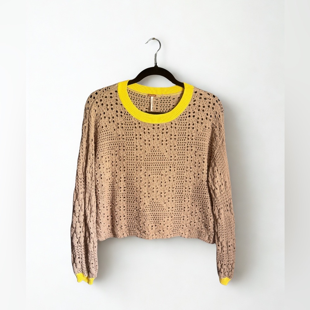 Free People Tan Crochet Sweater with Yellow Trim